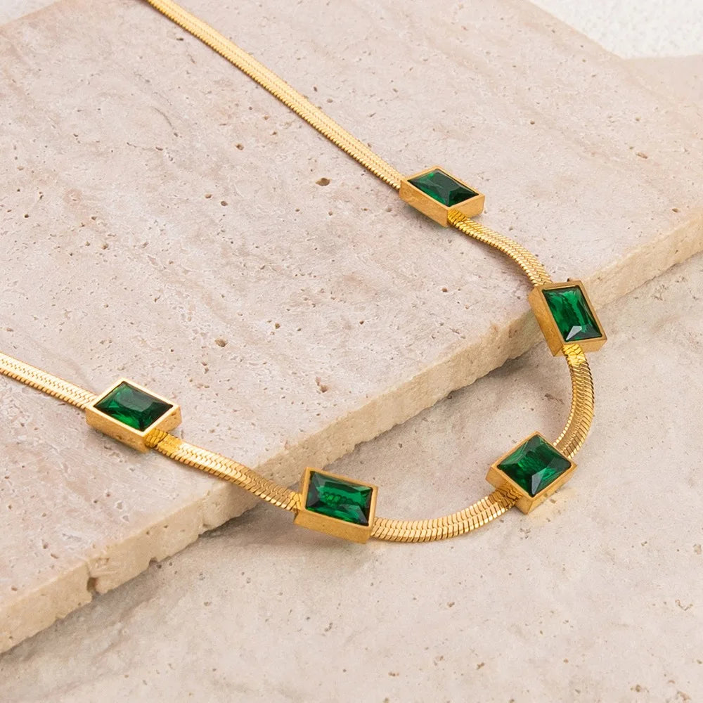 18K Gold Plated  Emerald Zircon Snake Chain Necklace for Women