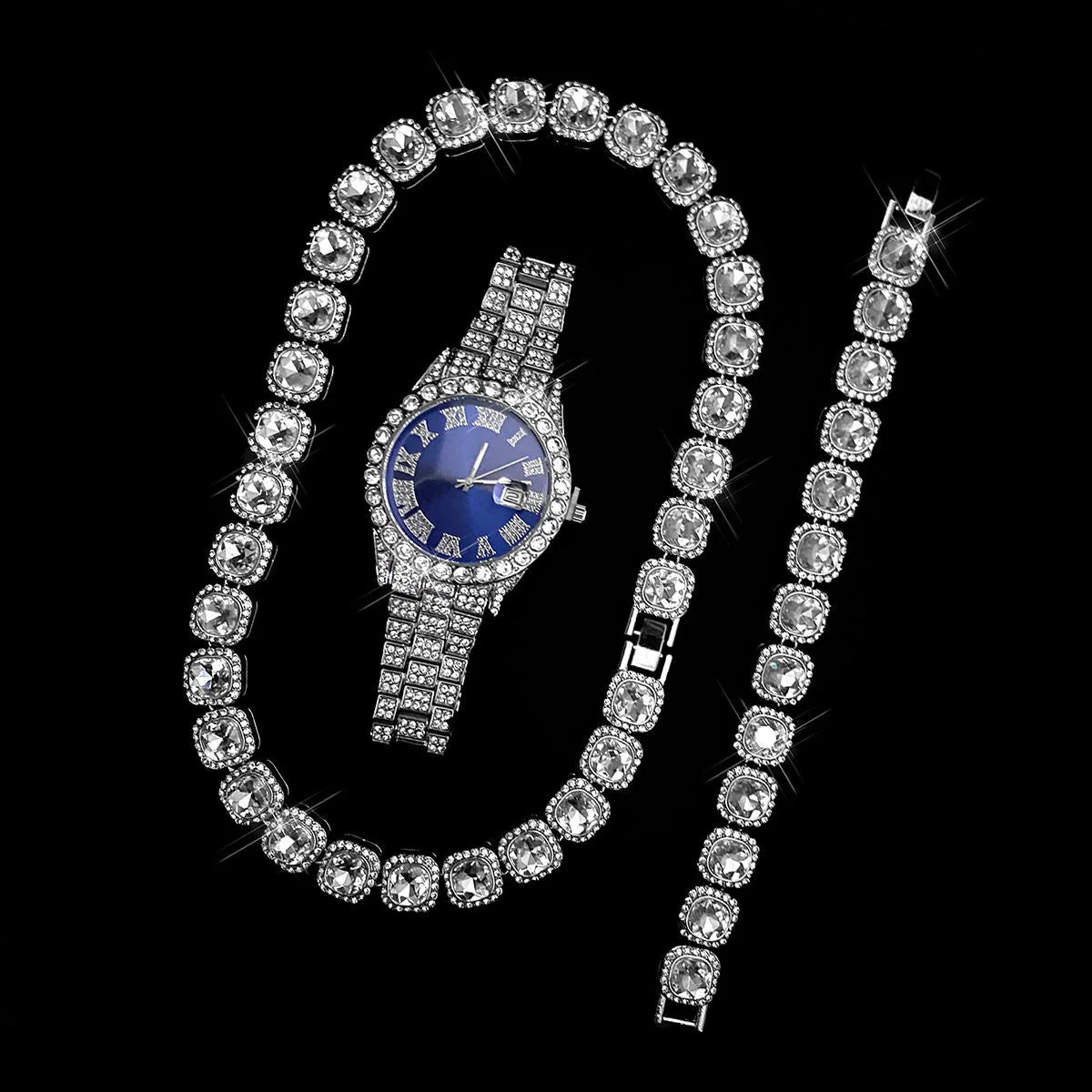 Quartz Movement Blue Diamond Watch Sugar Bracelet Necklace Three-piece Set