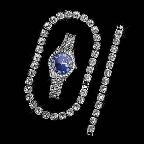 Load image 1 in gallery view. Quartz Movement Blue Diamond Watch Sugar Bracelet Necklace Three-piece Set