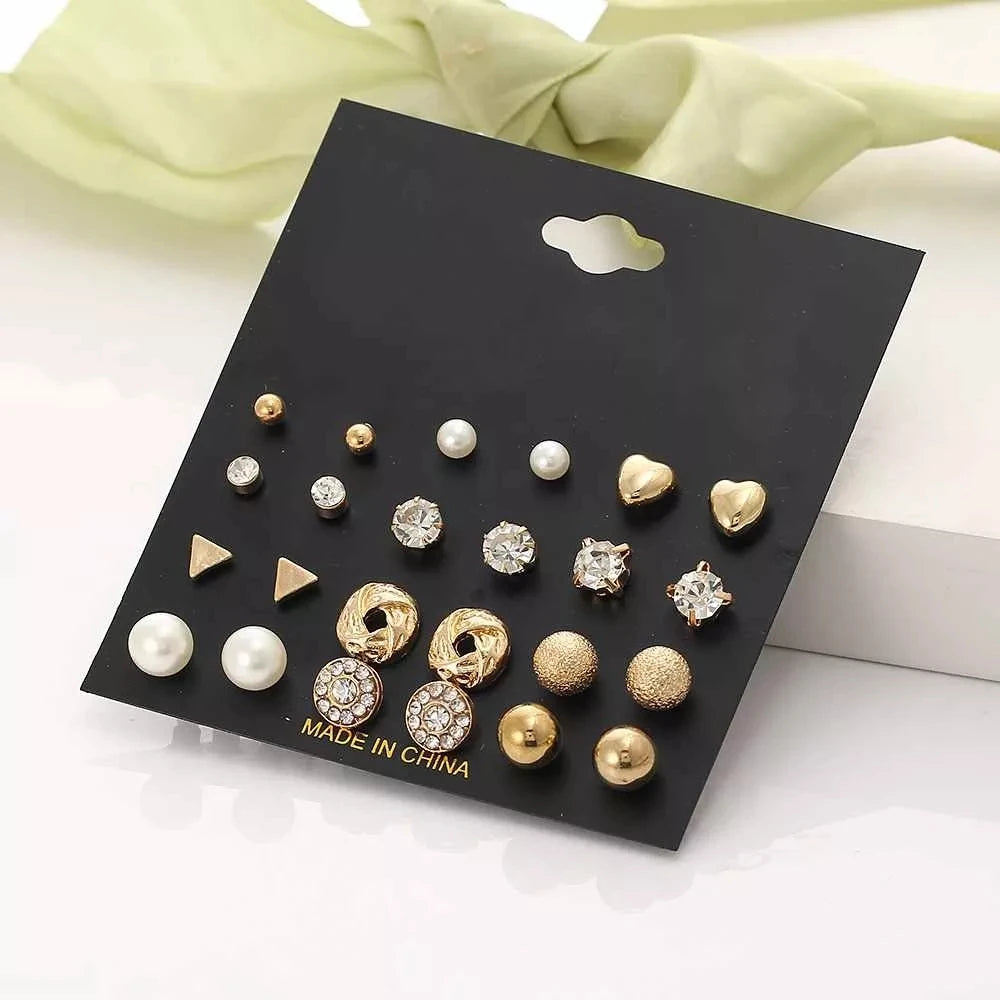 12 Pairs Earring Set Square Crystal Heart Stud Earrings Jewelry Sets for Women Piercing Simulated Pearl Flower Earring, Silver Plated, Gold Plated
