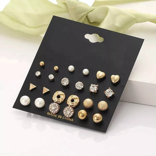 Load image 1 in gallery view. 12 Pairs Earring Set Square Crystal Heart Stud Earrings Jewelry Sets for Women Piercing Simulated Pearl Flower Earring, Silver Plated, Gold Plated