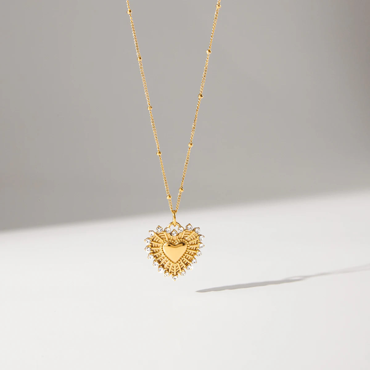 18K PVD Gold Plate Classic Cute White Zircon Ribbed Heart Pendant Necklace