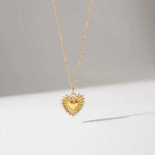 Load image 1 in gallery view. 18K PVD Gold Plate Classic Cute White Zircon Ribbed Heart Pendant Necklace