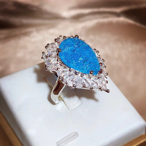 Load image 1 in gallery view. Luxurious Ring Resizable Water Drop Shape Shining Blue Stone with Princess Cut Design