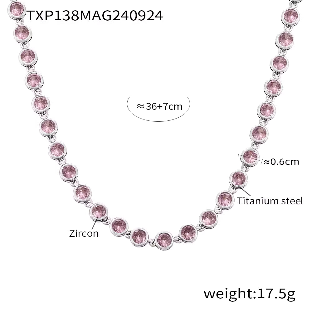 18K Gold Bead Zircon Tennis Chain Necklace in Pink, Red, Multi, Green, Blue, Golden