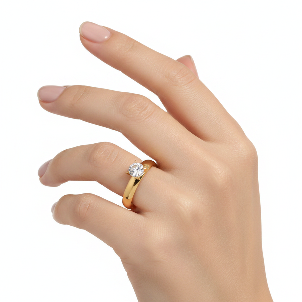 Four Claw Zircon Smooth Ring Gold-color Plated Two-piece