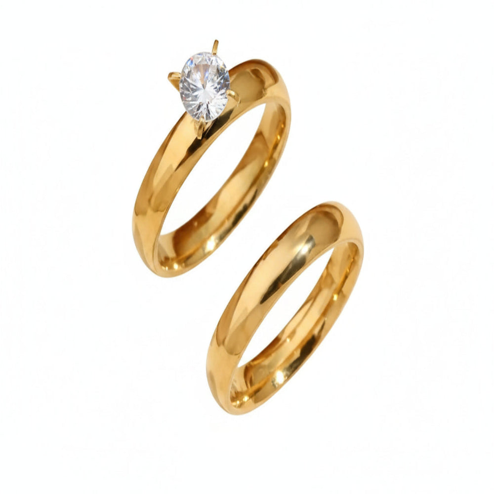 Four Claw Zircon Smooth Ring Gold-color Plated Two-piece