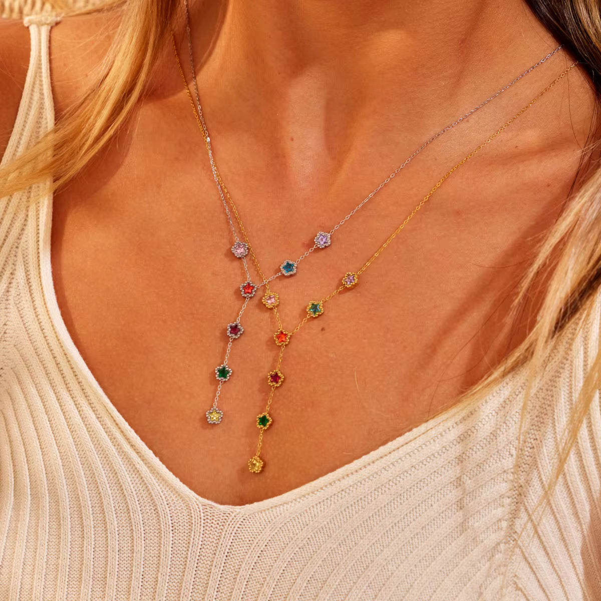 Gold and Silver Stainless Steel Y Necklace - Colorful Zircon Fringe Pendant