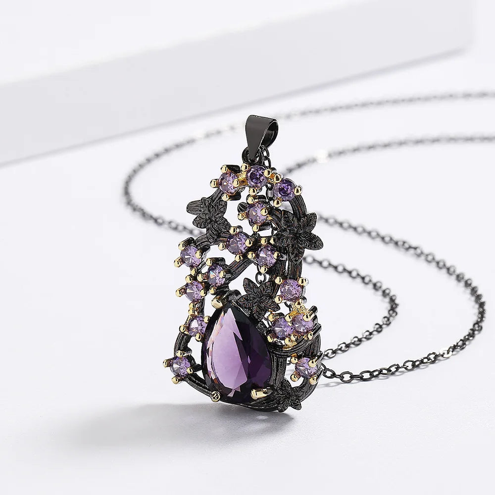 Retro Style Gothic Black Rhodium Plated Hollow Branch Purple Zircon Necklace for Women