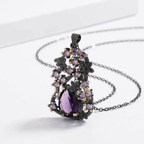 Load image 1 in gallery view. Retro Style Gothic Black Rhodium Plated Hollow Branch Purple Zircon Necklace for Women