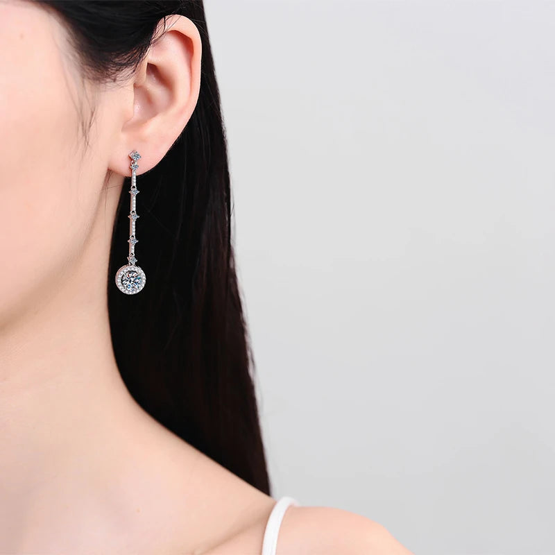 Long Tassel Round Moissanite 2ct Drop 925 Sterling Silver Earrings