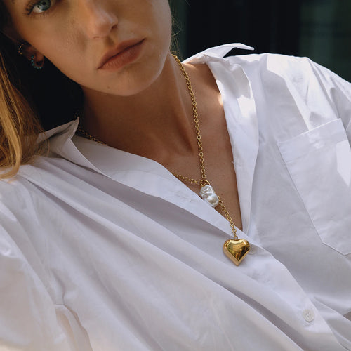 Load image 1 in gallery view. Gold Plating Stainless Steel Waterproof Y Chain Glass Pearl Heart Pendant Necklace Women's Children