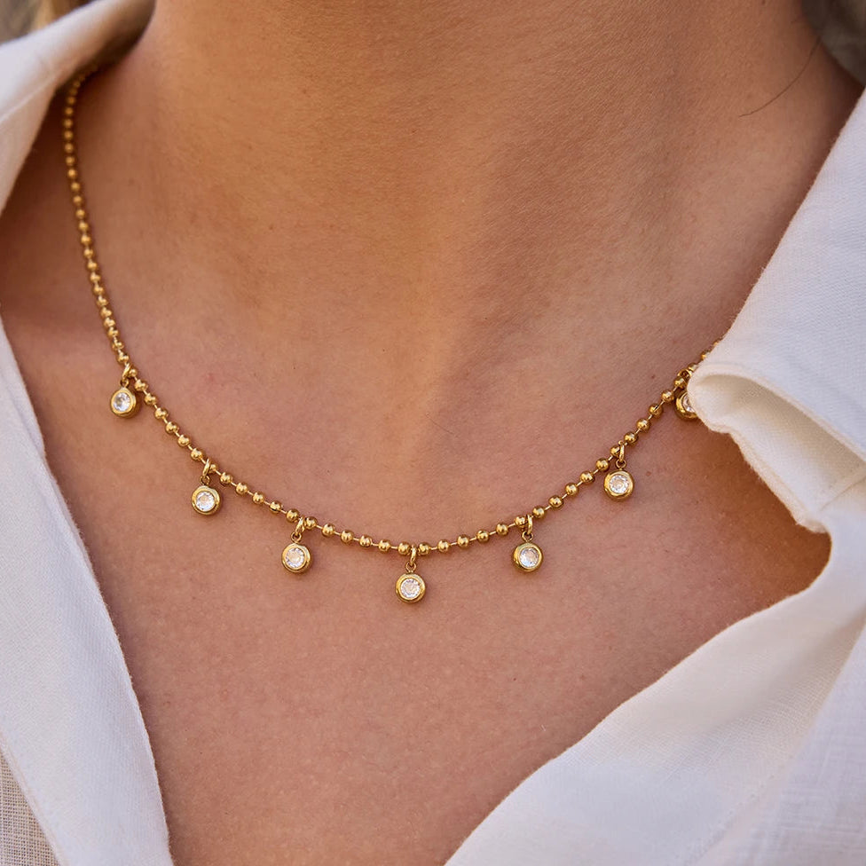 18K Gold Plated Trendy Classic Round White Zircon Pendant Bead Necklace