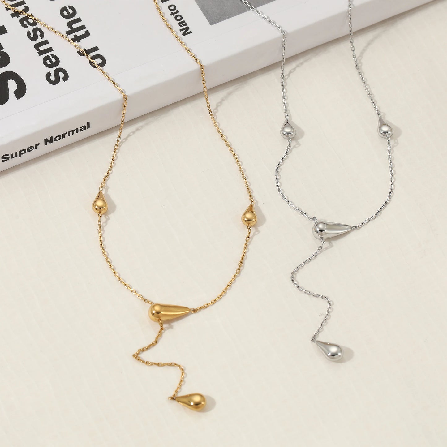 Gold Plated  Water Drop Pendent Y Shape Necklace Waterproof