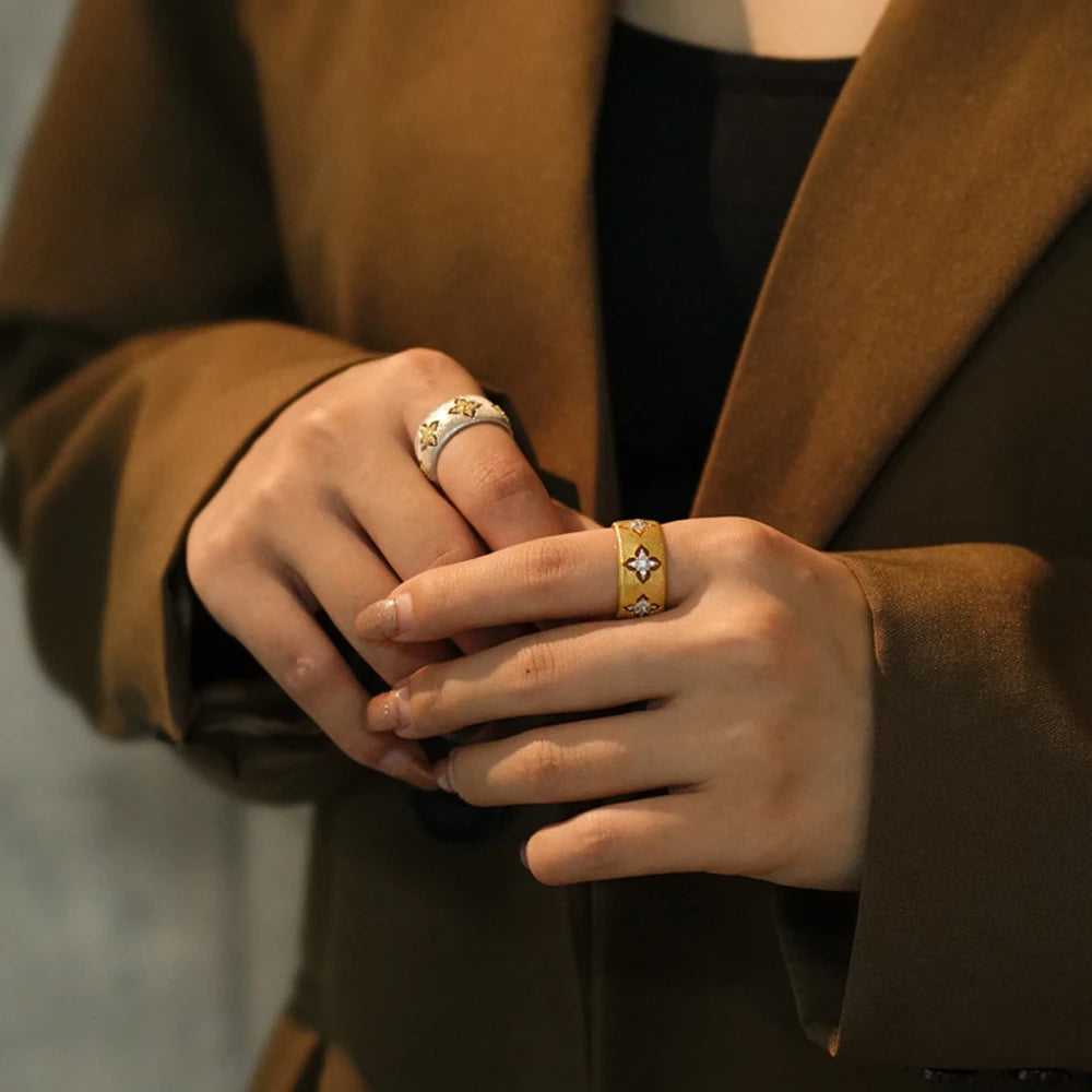 18K Gold Plated Clover Ring – Zircon Open Band, Adjustable