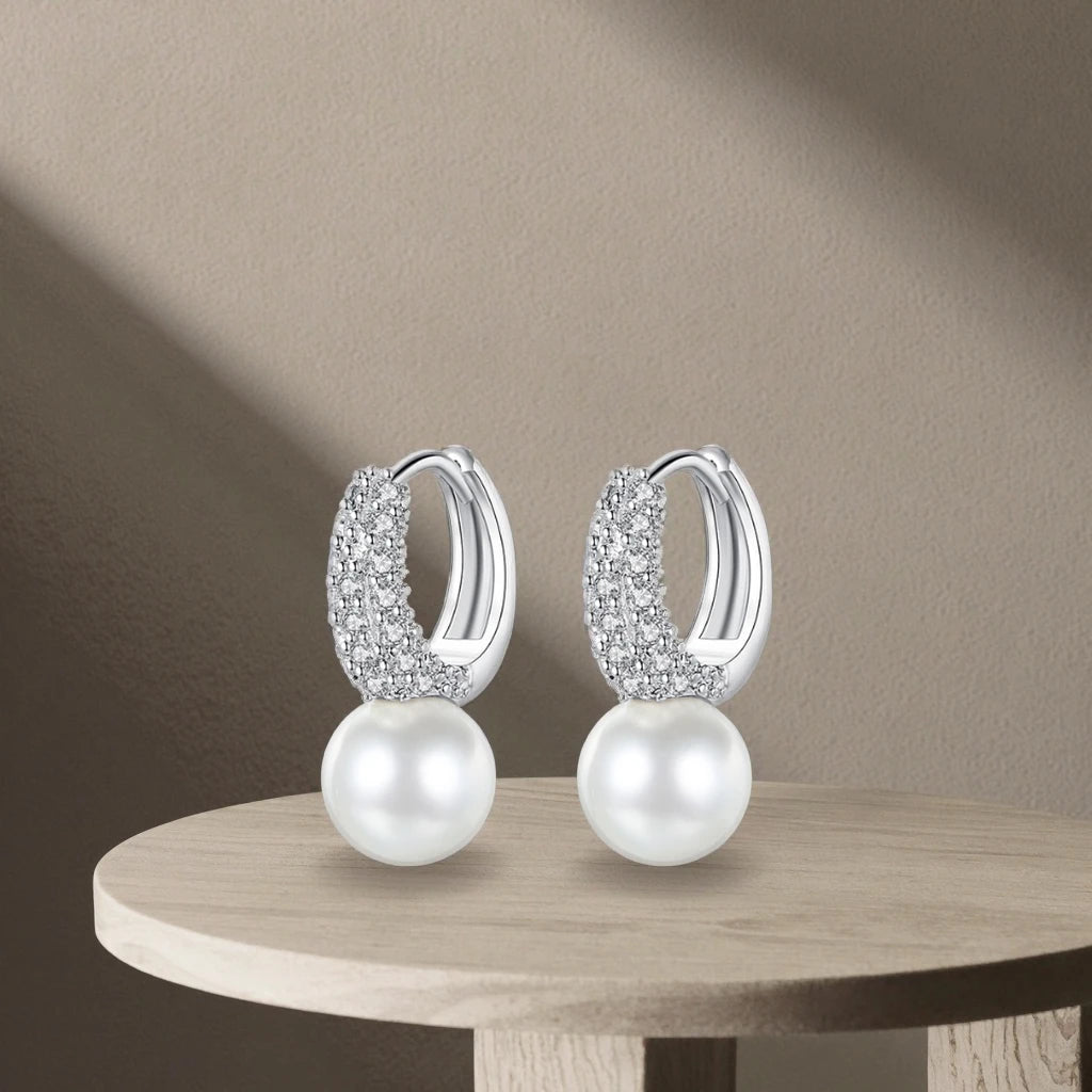 Pearl Clip-On Hoop Dangle Zircon Earring Cute for  Women