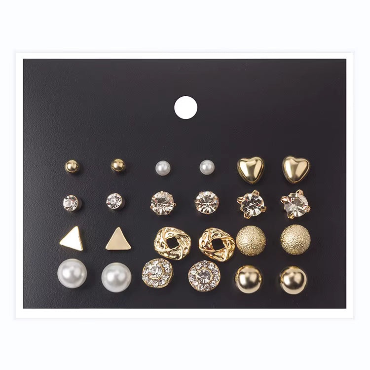 12 Pairs Earring Set Square Crystal Heart Stud Earrings Jewelry Sets for Women Piercing Simulated Pearl Flower Earring, Silver Plated, Gold Plated
