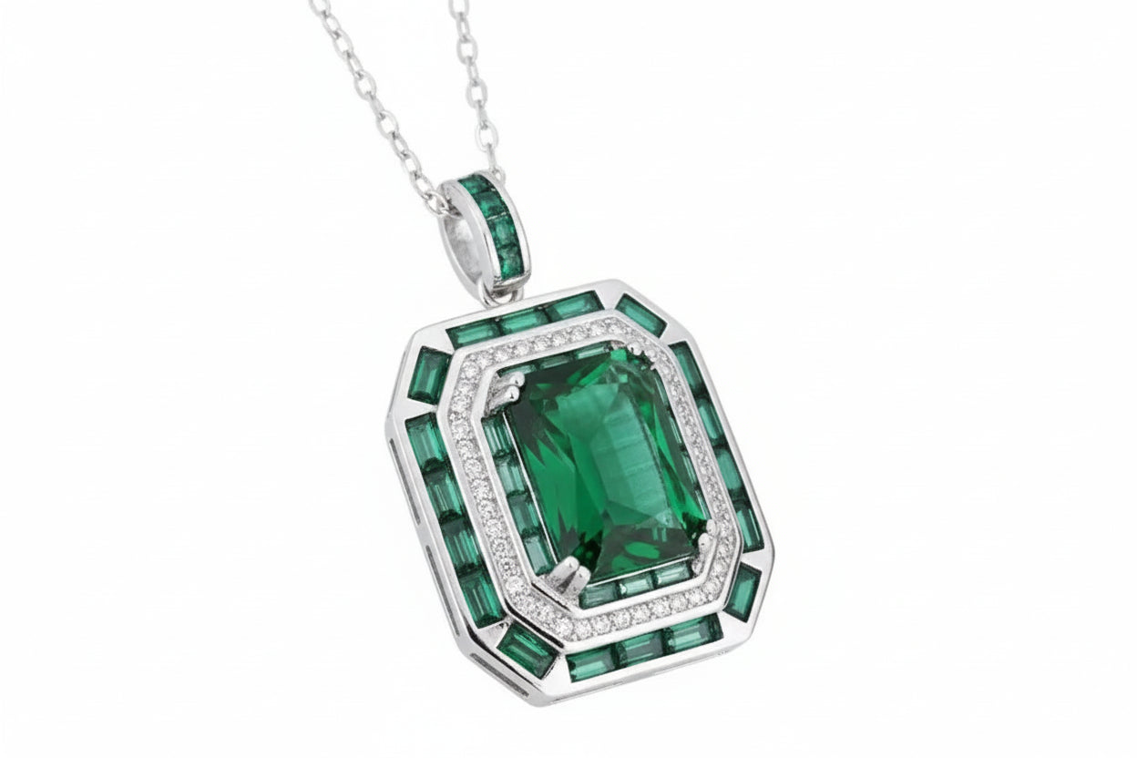 Geometric Shape Green Big Zircon Ring and Necklace