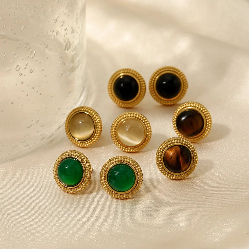 Gold Plated  Vintage Stud Earrings with Natural Stone Ball Design Waterproof