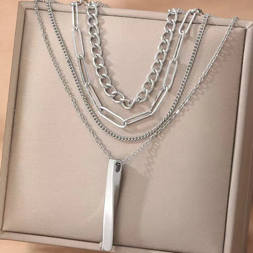 Load image 1 in gallery view. Stainless Steel Necklace with Rectangle Multilayer Pendant Thick Link Chain