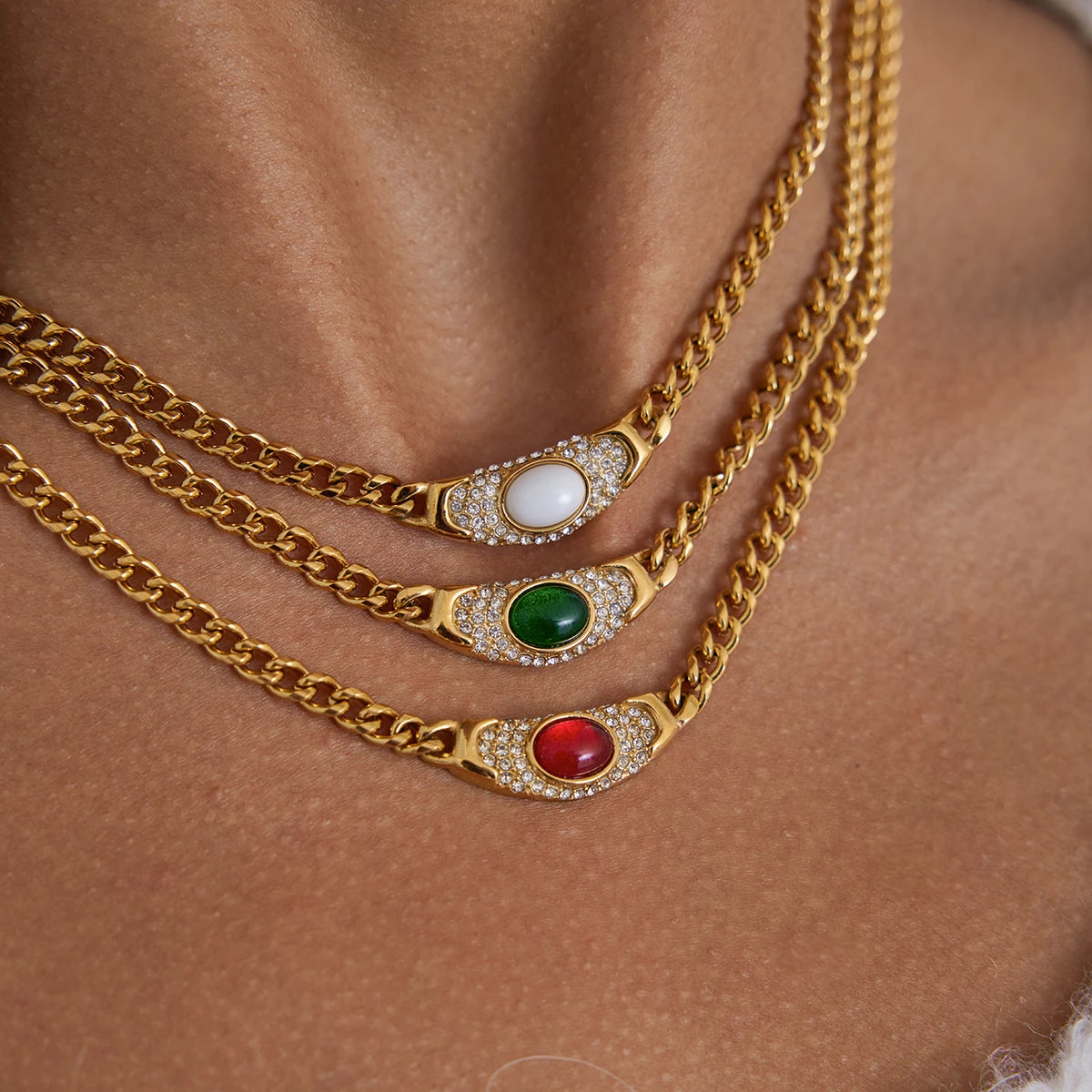 Vintage Autumn Winter 18K PVD Gold Plating Waterproof White Green Red Necklace for Children and Woman