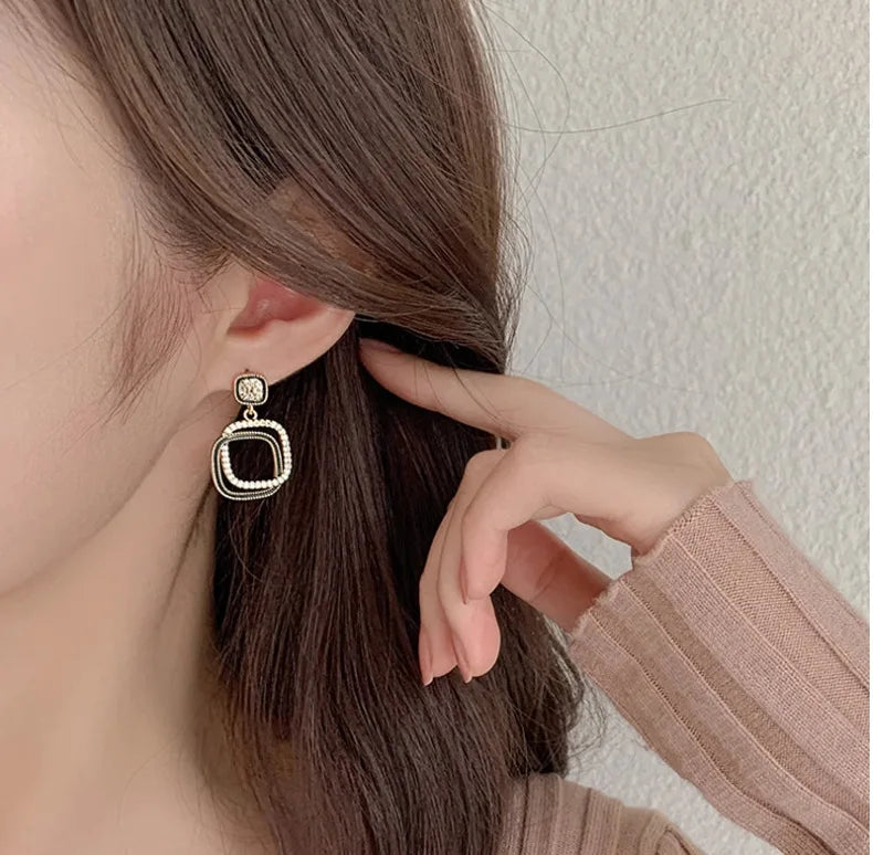Gold Plated Square Folded Geometry Rhinestone Pendant Earrings for Women
