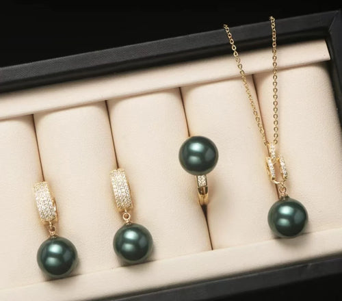 Load image 1 in gallery view. Elegant Shell Pearl Set Gold Plated Zircon Necklace Earrings for Bridal 3 pices set