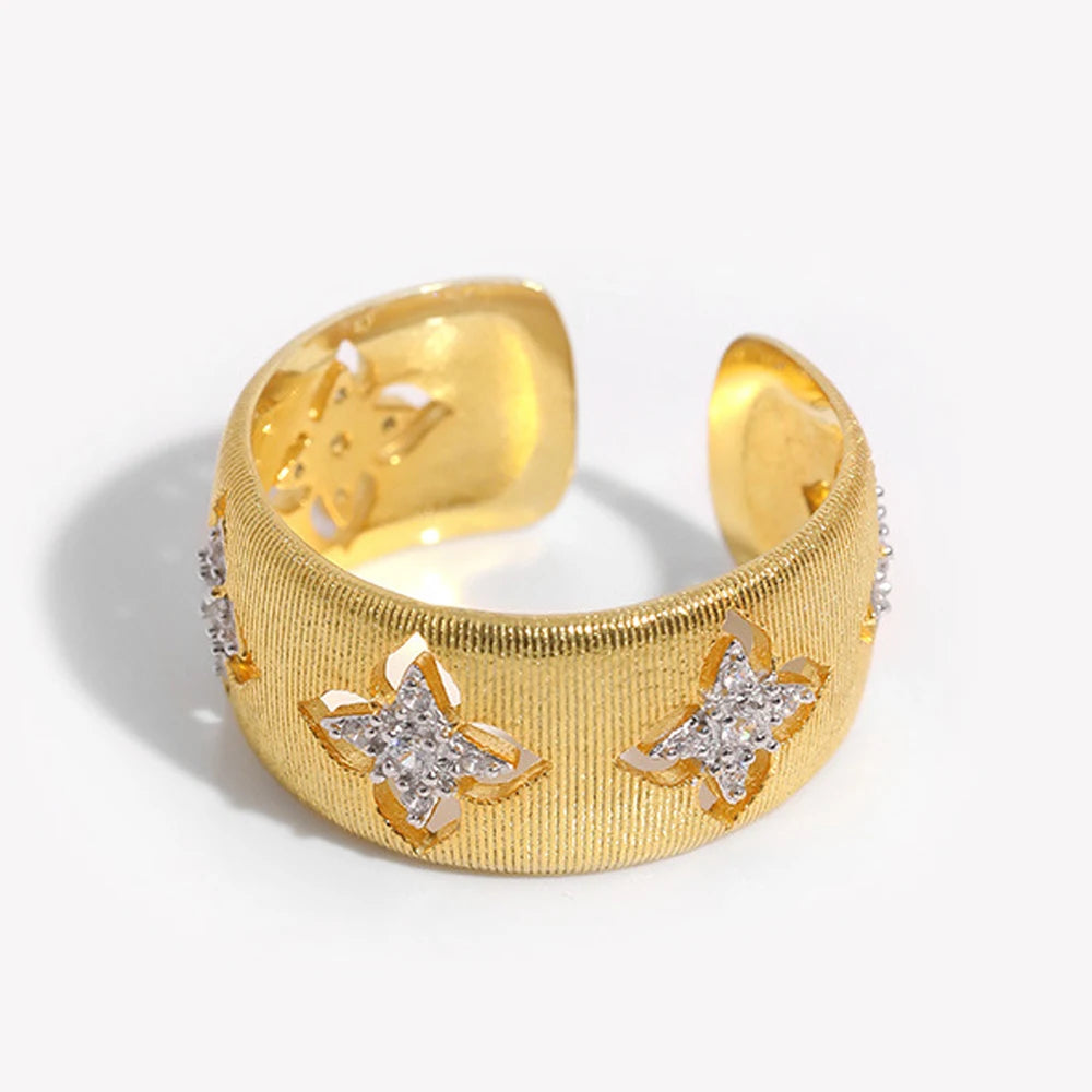 18K Gold Plated Clover Ring – Zircon Open Band, Adjustable