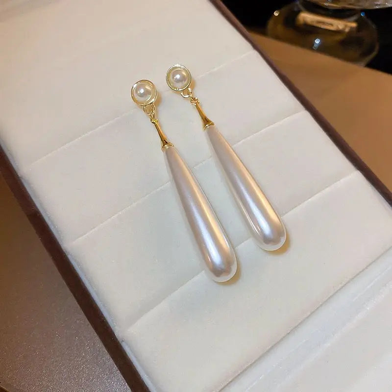 Gold Plated Faux Pearl Clip-On Earrings – Long Dangle, Non Pierced