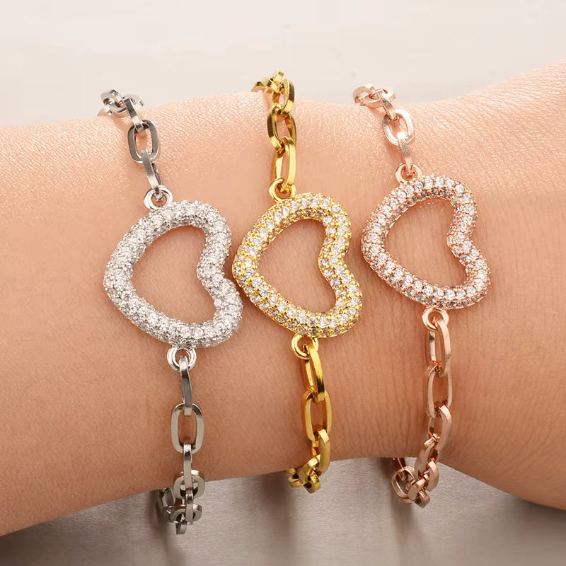 Heart Shape Zircon Bracelet Gold Plated Stainless Steel Fashion Jewelry