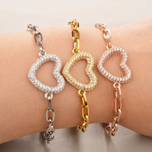 Load image 1 in gallery view. Heart Shape Zircon Bracelet Gold Plated Stainless Steel Fashion Jewelry