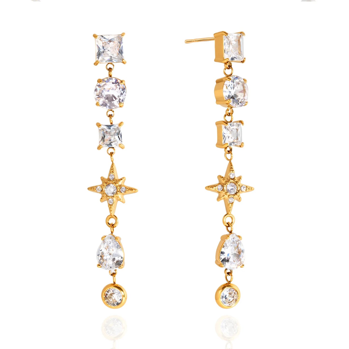 North Star Geometric Stone Zircon Tassel Tarnish Free Earrings 18K Gold Plated