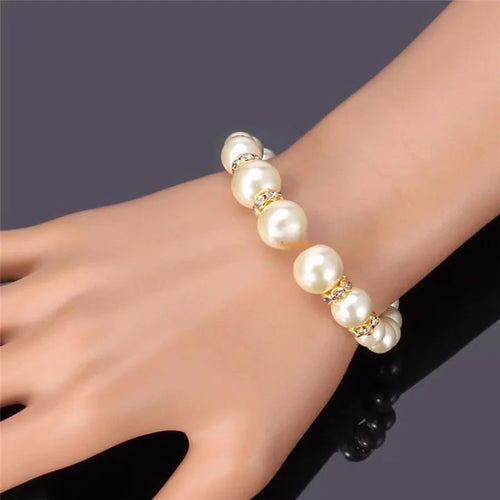 Load image 1 in gallery view. Gold Plated White Pearl Jewelry Set Necklace Earrings and Bracelet for Women