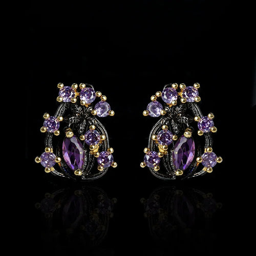 Load image 1 in gallery view. Vintage Unique Twig Black Plated Hollow Purple Zircon Antique Earrings for Women