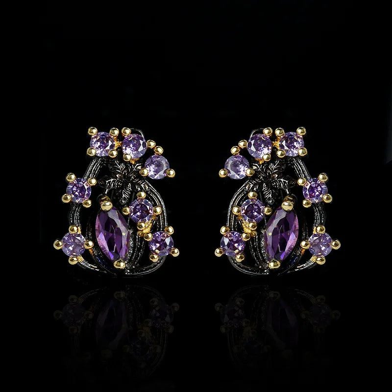 Vintage Unique Twig Black Plated Hollow Purple Zircon Antique Earrings for Women