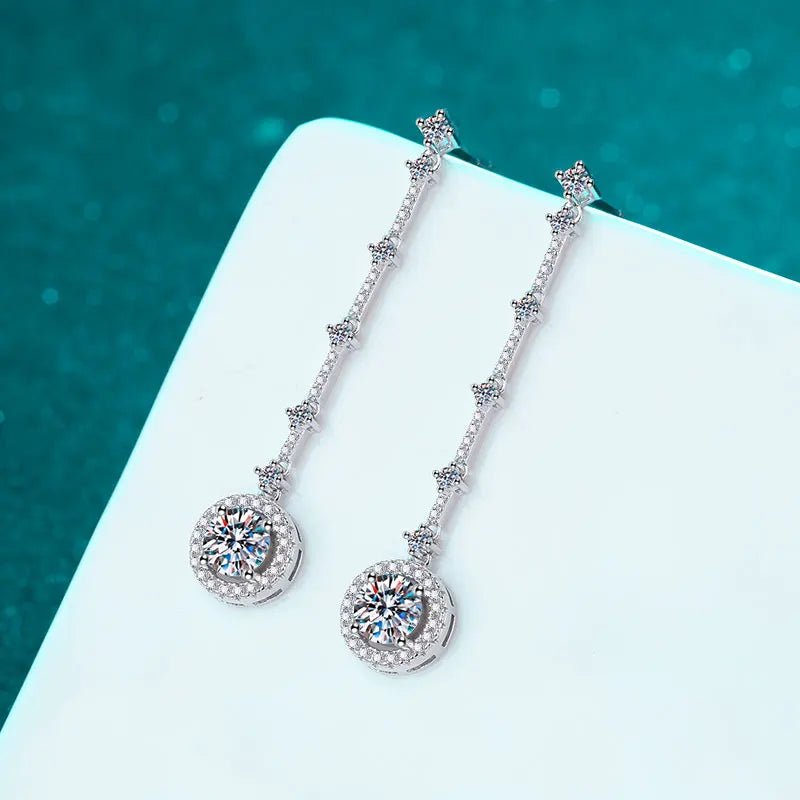 Long Tassel Round Moissanite 2ct Drop 925 Sterling Silver Earrings