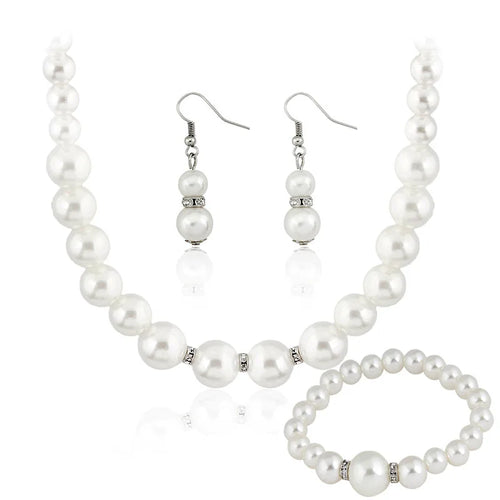 Load image 1 in gallery view. White Pearl Jewelry Set Necklace Earrings and Bracelet for Women