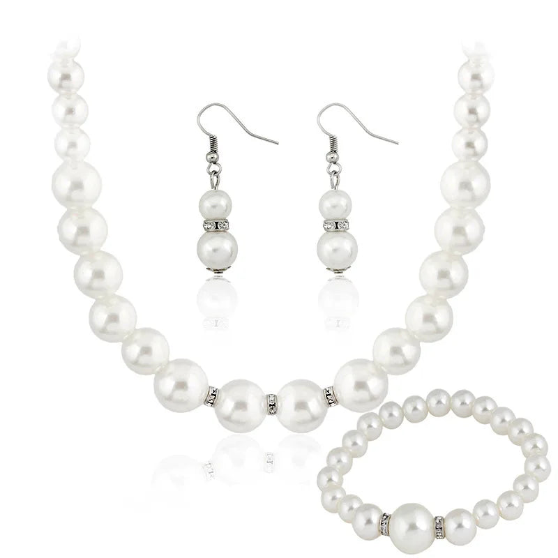 White Pearl Jewelry Set Necklace Earrings and Bracelet for Women