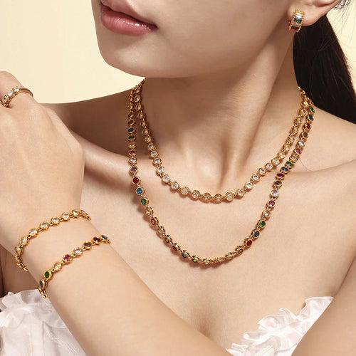 Load image 1 in gallery view. 18K Gold Plated Bead Zircon Tennis Chain Bracelet and Necklace in White