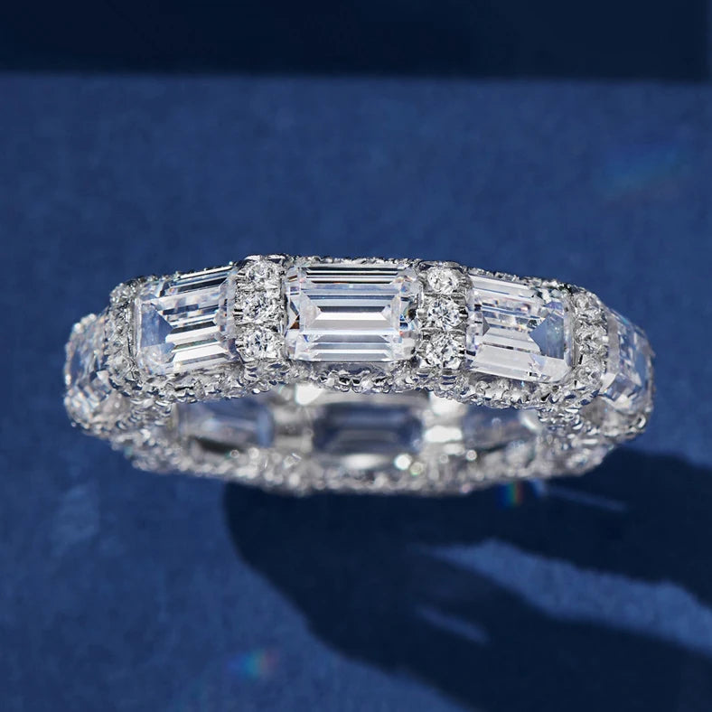 Princess Cut Sparkling Silver Plated Crystal Zircon Eternity Band Rings for Women