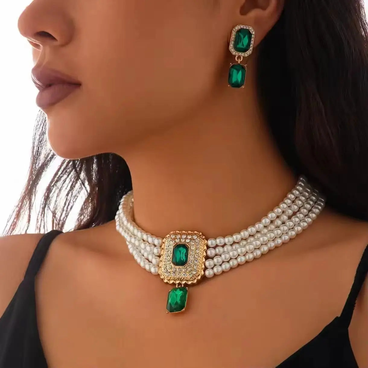 Gold Plated Pearl Big Green Crystal Rhinestone Stud Earring and Necklace For Women Party