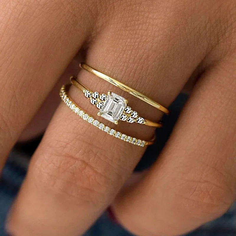 3Pcs Sets Couple Rings Luxury Gold Plated Square Design Shiny Cubic Zirconia