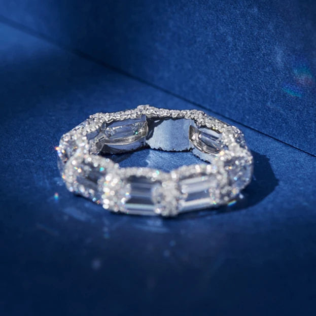 Princess Cut Sparkling Silver Plated Crystal Zircon Eternity Band Rings for Women