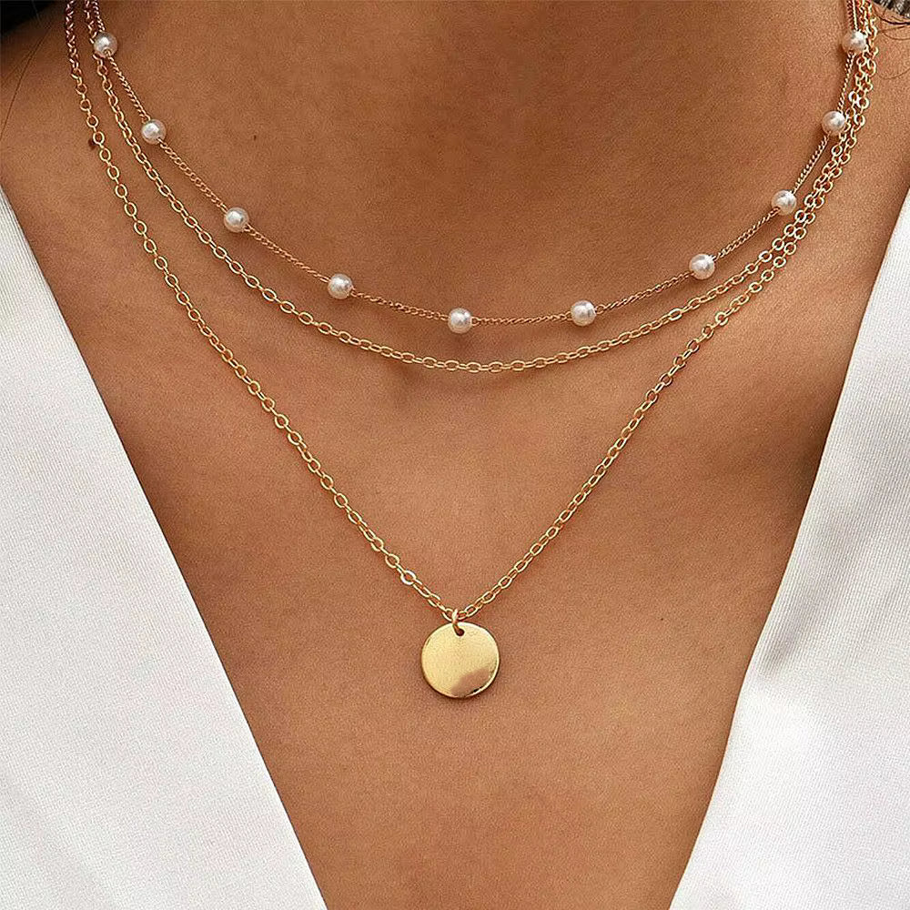 Gold Silver Plated 3 Layers Heart Pearl CZ Chain