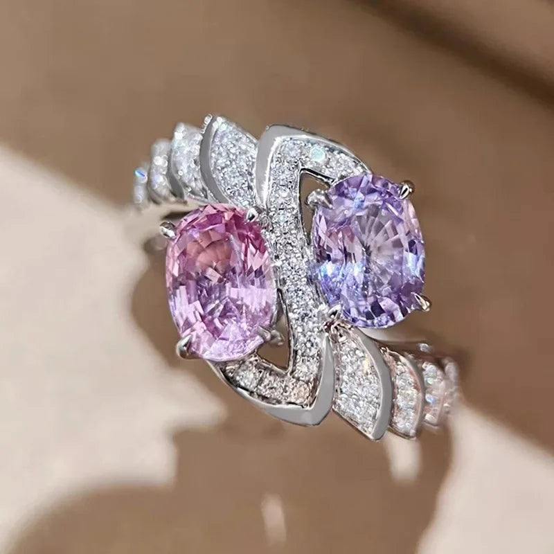 Oval Purple/Pink Crystal Zircon Rings Bridal Wedding Imitated Rhodium Plated CZ Rings for Women