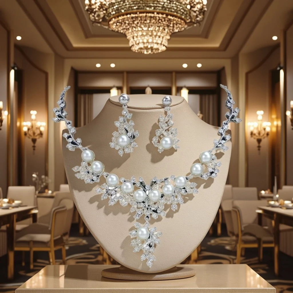 18K Gold Plated Women's Pearl Necklace Set Weddings Engagements