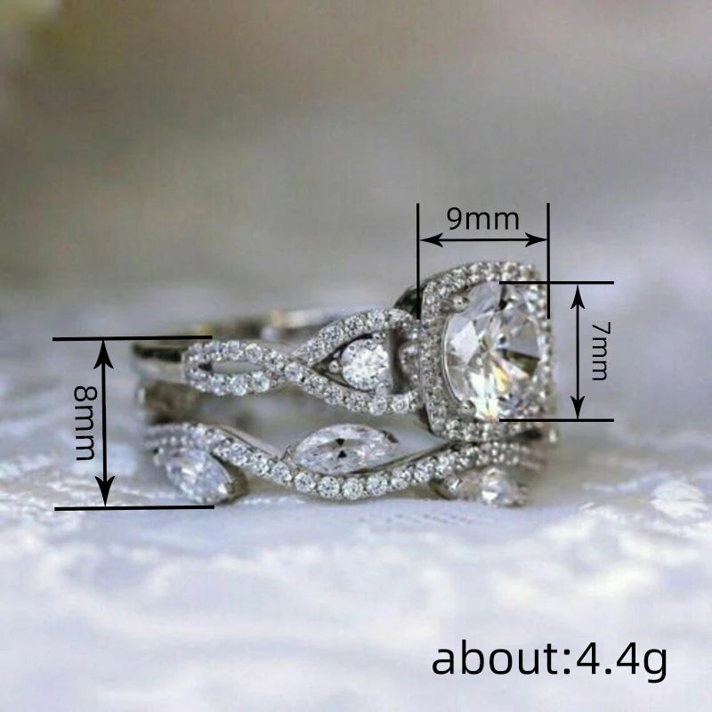 Silver Plated Geometry Shaped Design Dazzling Cubic Zirconia 2Pcs Sets Rings