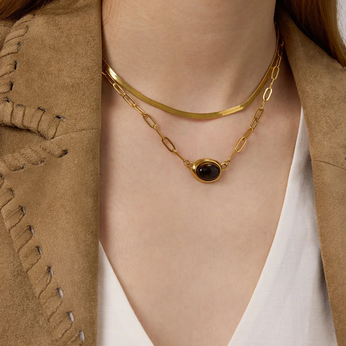 18K PVD Gold Plate Classic Vintage Tiger Eye Stone Clip Chain Necklace