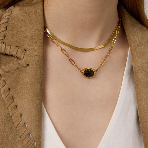 Load image 1 in gallery view. 18K PVD Gold Plate Classic Vintage Tiger Eye Stone Clip Chain Necklace