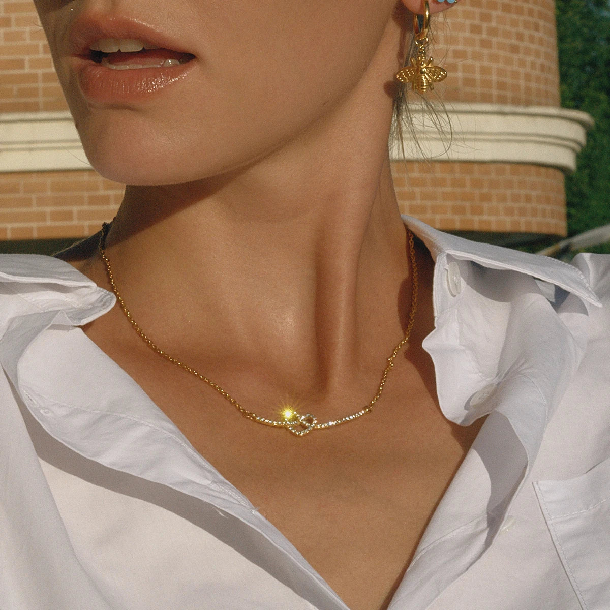 18K Gold Plate Stainless Steel White Rhinestone Eternal Love Heart Knot Smile Face Necklace